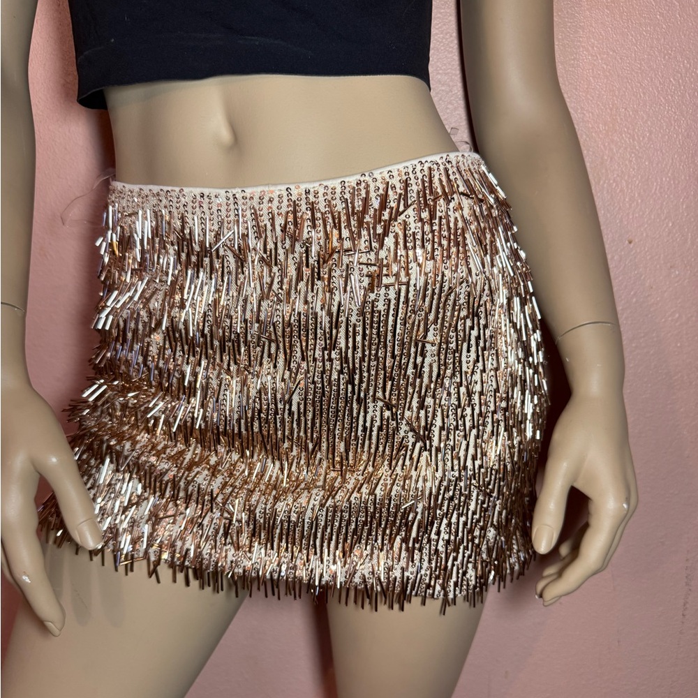 Windsor Rose Gold Beaded Fringe Skort Coachella Festival Glam